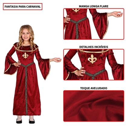 Imagem de Fantasia Infantil pra Menina Carnaval Halloween e Teatro Vestido Vermelho Princesa Medieval Renascentista de Luxo com Flor de Lis