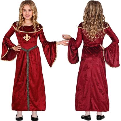 Imagem de Fantasia Infantil pra Menina Carnaval Halloween e Teatro Vestido Vermelho Princesa Medieval Renascentista de Luxo com Flor de Lis