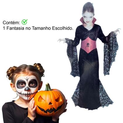 Imagem de Fantasia Infantil Vampira Halloween Vestido Teia Aranha + Cinto Corselet