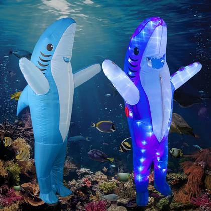 Imagem de Fantasia inflável de tubarão BDDedd para adultos com luzes LED azuis