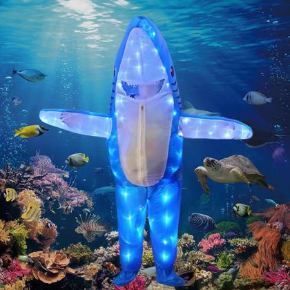 Imagem de Fantasia inflável de tubarão BDDedd para adultos com luzes LED azuis