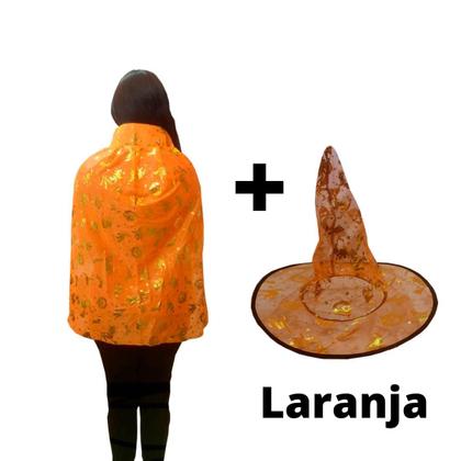 Imagem de Fantasia Kit Bruxo Infantil Capa E Chapeu Bruxa Bruxinha Feiticeiro Mago Halloween Unisex Cosplay