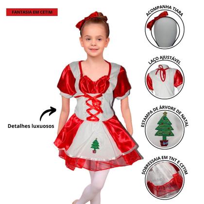 Imagem de Fantasia Mamãe Noel Infantil Vestido Lindo e Tiara Com Laço