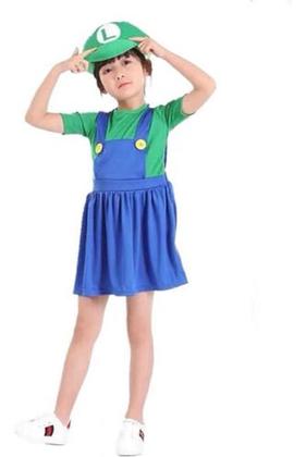 Imagem de Fantasia Mário Bros Luigi Feminina Meninas C/ Quepe Carnaval