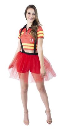 Imagem de Fantasia Mulher Bombeira Adulta Roupa Carnaval com Chapéu