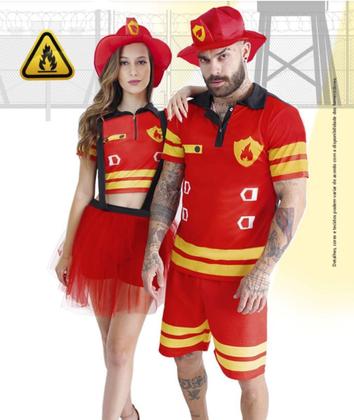 Imagem de Fantasia Mulher Bombeira Adulta Roupa Carnaval com Chapéu