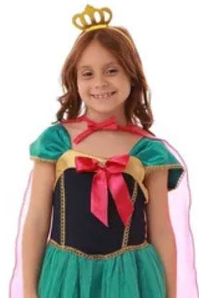 Imagem de Fantasia Muvile Vestido Princesa  Azul Escuro Com Saia Tule Verde Com Capa Rosa e Tiara (3/6/8/10)