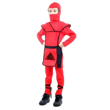 Imagem de Fantasia Ninja Infantil Vermelho Samurai Dragão Guerreiro  com Capuz e Faixas