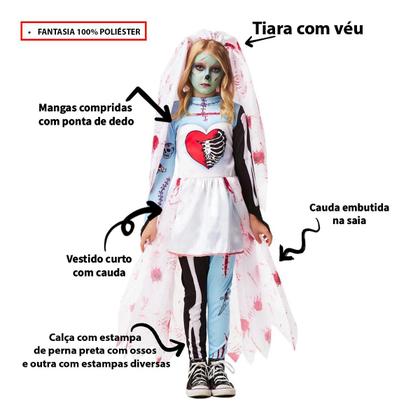 Imagem de Fantasia Noiva Zumbi de Halloween Infantil Véu com Sangue