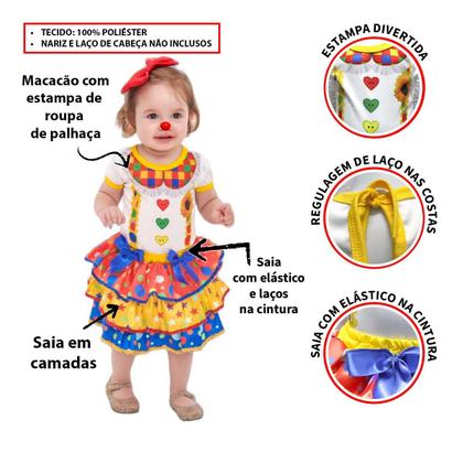 Imagem de Fantasia Palhaça Bebe Menina Body e Saia Colorida de Carnaval 3 a 12 meses