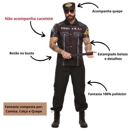 Imagem de Fantasia Policial de Carnaval Adulta Masculina Longa Com Quepe