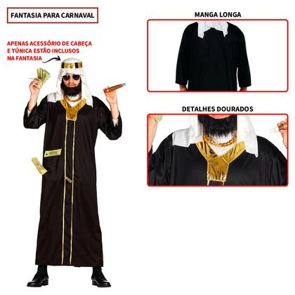 Imagem de Fantasia Sheik Árabe Masculina Adulta de Luxo Túnica Preta e Turbante P 38 - 40