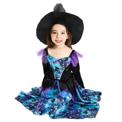 Fantasia Sincere Party Deluxe Blue Witch com chapéu para menina de