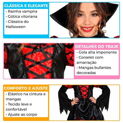 Imagem de Fantasia Vampira Halloween Infantil pra Menina Vestido Super Luxo Longo Vitoriano Medieval Gotico