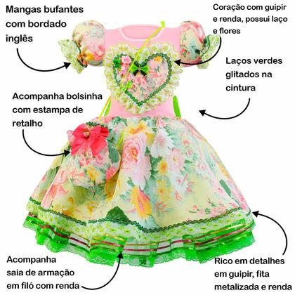 Imagem de Fantasia Vestido Festa Junina Menina Infantil Com Bolsinha