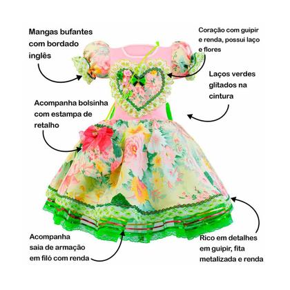 Imagem de Fantasia Vestido Festa Junina Menina Infantil Com Bolsinha