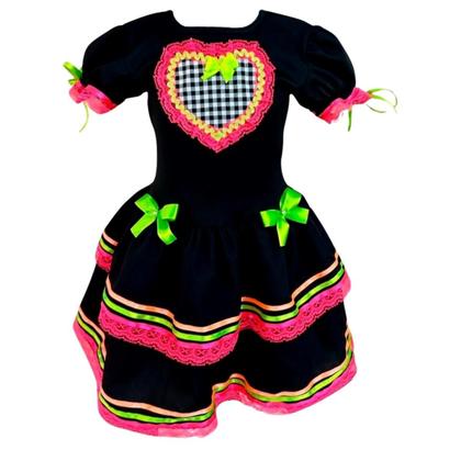 Imagem de Fantasia Vestido Junino Infantil - Preto - Fita Neon - G
