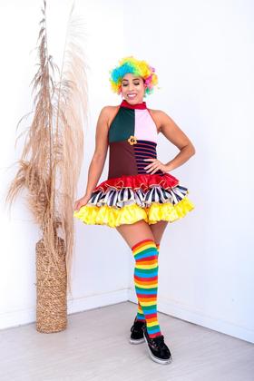 Imagem de Fantasia Vestido Palhaça Kit Completo Adulto Feminina Carnaval Halloween Terror Festa Circo Palhacinha Engraçada Moderna