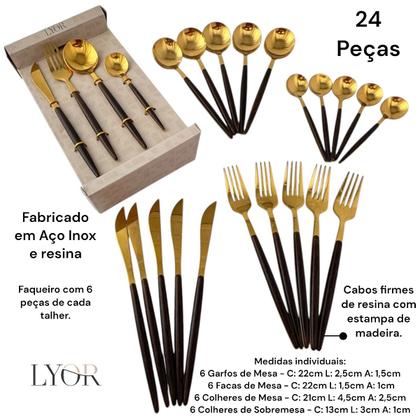 Imagem de Faqueiro 24 Peças Aço Inox Dourado Cabo Madeira Organic Lyor