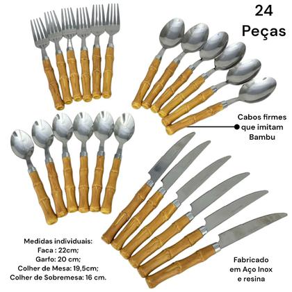 Imagem de Faqueiro 24 Peças Bambu Aço Inox e Resina Mesa Posta Incasa