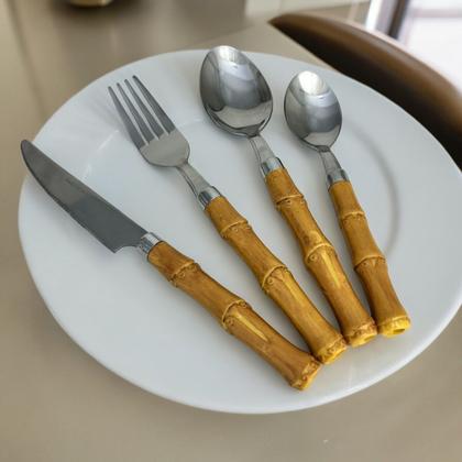 Imagem de Faqueiro 24 Peças Bambu Aço Inox e Resina Mesa Posta Incasa