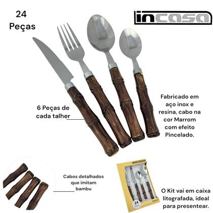 Imagem de Faqueiro Kit Talheres 24 Peças Bambu Rústico Escuro Aço Inox