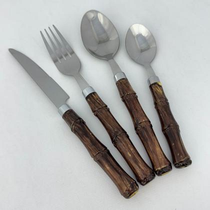 Imagem de Faqueiro Kit Talheres 24 Peças Bambu Rústico Escuro Aço Inox