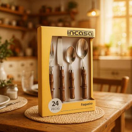 Imagem de Faqueiro Kit Talheres 24 Peças Bambu Rústico Escuro Aço Inox