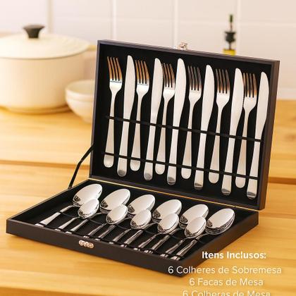 Imagem de Faqueiro maleta premium kit 24 peças conjunto talheres inox estojo madeira completo luxo presente casamento chá de cozinha