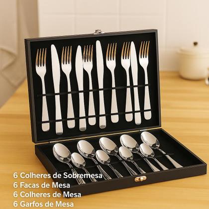 Imagem de Faqueiro maleta premium kit 24 peças conjunto talheres inox estojo madeira completo luxo presente casamento chá de cozinha