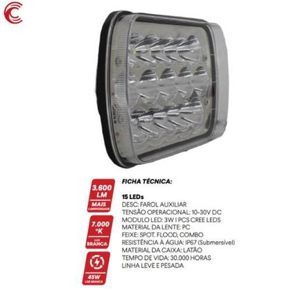 Imagem de Farol de milha auxiliar retangular 15 leds 45w universal