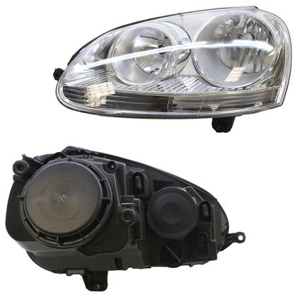 Imagem de Farol Dianteiro Jetta 2005 2006 2007 2008 2009 2010 Máscara Cromada Lisa Acrílico Foco Duplo carcaça Preta