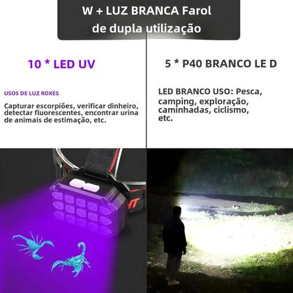 Imagem de Farol LED com Luz Branca e UV - Ideal para Pesca, Acampamento e Captura de Escorpiões