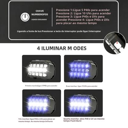 Imagem de Farol LED com Luz Branca e UV - Ideal para Pesca, Acampamento e Captura de Escorpiões