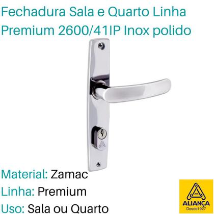 Imagem de Fechadura De Porta Aliança Externa Inox Trinco Sala Quarto Cromada Premium 2600/41 Maçaneta Chave