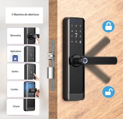 Imagem de Fechadura Eletrônica Inteligente Wifi Novadigital Biometria Digital App Senha Cartão Magnético Touch Automação Tuya Smart Life Preta