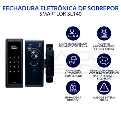 Imagem de Fechadura eletronica smart lock sl140 preto sobrepor- papaiz