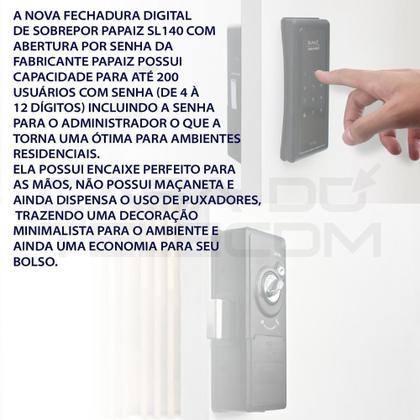 Imagem de Fechadura eletronica smart lock sl140 preto sobrepor- papaiz