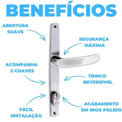 Imagem de Fechadura Para Porta Externa Perfil Estretiro Aço Inox Polido Cromado + Dobradiças Aço Zincado Pino Bola