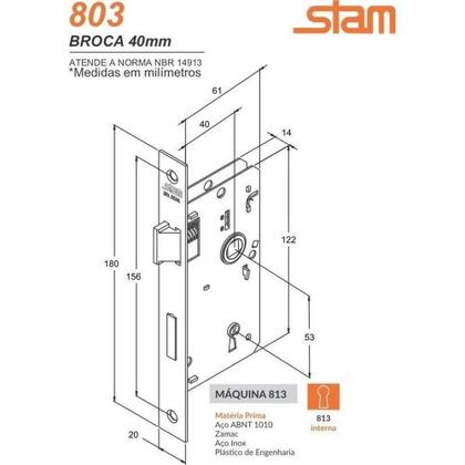 Imagem de Fechadura Stam 813/03 Interno Caixa 40 Esp. Inox