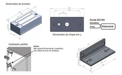 Imagem de Fechadura Trava Eletromagnética Eletroímã Embutir ou Sobrepor até 60kgf