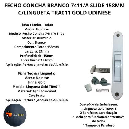 Imagem de Fecho concha branco 7411/a slide 158mm c/lingueta gold tra011 janela porta aluminio udinese