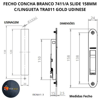 Imagem de Fecho concha branco 7411/a slide 158mm c/lingueta gold tra011 janela porta aluminio udinese