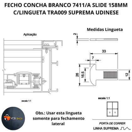Imagem de Fecho concha branco 7411/a slide 158mm c/lingueta suprema tra009 janela porta aluminio udinese