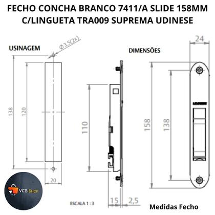 Imagem de Fecho concha branco 7411/a slide 158mm c/lingueta suprema tra009 janela porta aluminio udinese
