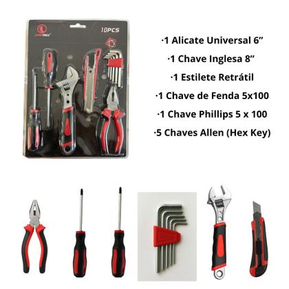 Imagem de Ferramenta manual profissional Chave Inglesa Fenda Philips Allen Alicate Estilete Jogo 10 peças