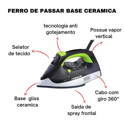 Imagem de Ferro de Passar a Seco e Vapor Black Decker 2000W FX2700 Antigotejamento Preto e Verde 220v