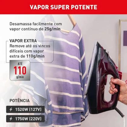 Imagem de Ferro de Passar Roupa a Vapor Arno Ultragliss Vinho e Preto - 110V