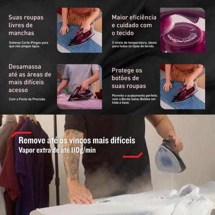 Imagem de Ferro de Passar Roupa a Vapor Arno Ultragliss Vinho e Preto - 110V