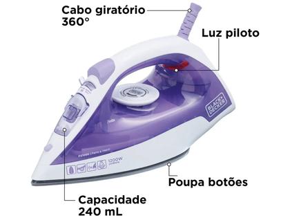 Imagem de Ferro de Passar Roupa a Vapor e a Seco Black+Decker FX1050 Branco e Roxo